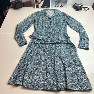 Vintage Sears Fashions Blue and White Long Sleeve Wrap Dress with Cuffed Sleeves